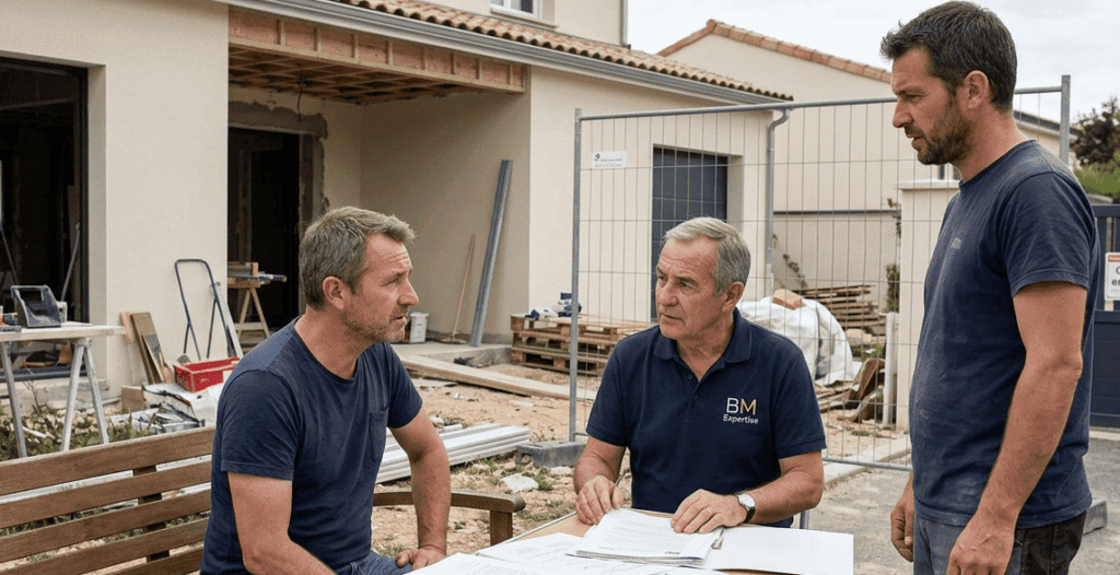 Expert BTP expliquant en réunion dans le Rhône avec un client
