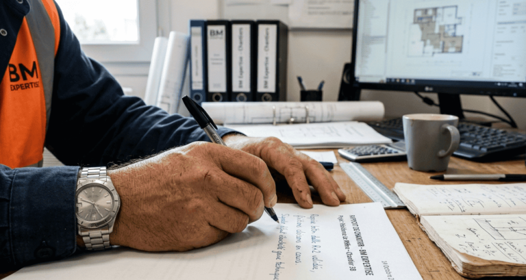 Expert litiges BTP en train de rédiger un rapport de chantier